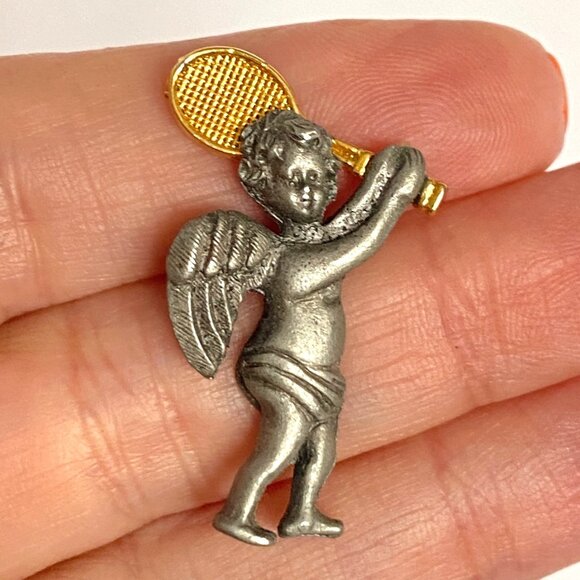 Camco Pewter Guardian Angel with Gold Tone Tennis Racket Sporty Pin 1.25in - Picture 2 of 6